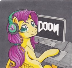 Size: 400x378 | Tagged: safe, artist:nothingspecialx9, fluttershy, pegasus, pony, :3, colored pupils, computer, cute, doom, doom 2016, gamer, headphones, keyboard, looking at you, shyabetes, smiling, solo, this will end in tears