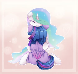 Size: 1600x1524 | Tagged: safe, artist:magnaluna, derpibooru import, princess celestia, twilight sparkle, twilight sparkle (alicorn), alicorn, pony, colored wings, colored wingtips, eyes closed, female, lesbian, mare, shipping, sitting, smiling, twilestia