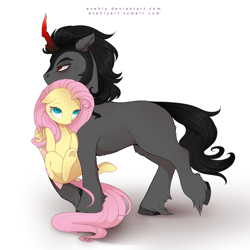 Size: 2000x2000 | Tagged: safe, artist:evehly, derpibooru import, fluttershy, king sombra, pegasus, pony, unicorn, behaving like a cat, carrying, cute, female, male, mare, mouth hold, scruff, shipping, sombrashy, stallion, straight