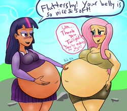 Size: 900x788 | Tagged: safe, artist:butlova, fluttershy, twilight sparkle, fat, humanized, obese, pregnant, shipping