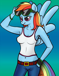 Size: 621x800 | Tagged: safe, artist:bleff172, derpibooru import, rainbow dash, anthro, armpits, belly button, belt, clothes, jeans, midriff, pants, simple background, solo, sunglasses, tanktop