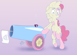 Size: 1280x914 | Tagged: safe, artist:malwinters, pinkie pie, earth pony, pony, batter, cake, flag, food, misfire, newbie artist training grounds, party cannon, solo