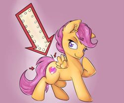 Size: 1200x1000 | Tagged: safe, artist:alasou, derpibooru import, scootaloo, crusaders of the lost mark, arrow, cutie mark, looking at you, raised hoof, sign, smiling, solo, the cmc's cutie marks