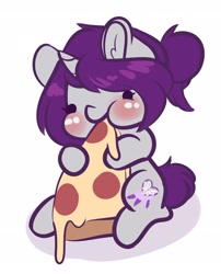 Size: 2537x3135 | Tagged: safe, artist:wickedsilly, oc, oc only, oc:wicked silly, pony, unicorn, cute, eating, female, food, mare, meat, ocbetes, pepperoni, pepperoni pizza, pizza, ponysona, simple background, solo, tiny, tiny ponies