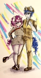 Size: 1074x2048 | Tagged: safe, artist:wickedsilly, oc, oc only, oc:sleepy head, oc:wicked silly, anthro, unicorn, anthro oc, clothes, female, fishnet stockings, male, necktie, oc x oc, shipping, smiling, straight, traditional art, vest, wickedsleepy