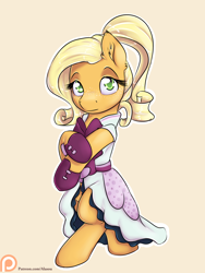 Size: 1050x1400 | Tagged: safe, artist:alasou, derpibooru import, applejack, earth pony, pony, alternate hairstyle, bipedal, clothes, cute, jackabetes, patreon, patreon logo, simple background, solo