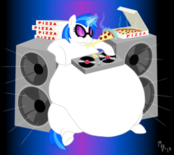 Size: 1876x1667 | Tagged: dead source, safe, artist:lollipoppaintbrush, dj pon-3, vinyl scratch, pony, unicorn, belly, eating, fat, food, impossibly large belly, magic, meat, morbidly obese, obese, pepperoni, pepperoni pizza, pizza, vinyl fat, wub-tub