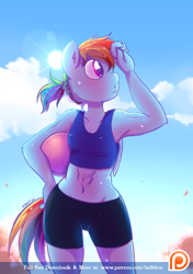 Size: 816x1157 | Tagged: safe, artist:kelsea-chan, derpibooru import, rainbow dash, anthro, abs, alternate hairstyle, armpits, ball, belly button, clothes, lens flare, midriff, patreon, patreon logo, shorts, solo, sun, sweat, tanktop