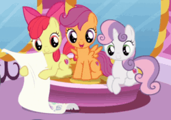 Size: 544x383 | Tagged: safe, screencap, apple bloom, scootaloo, sweetie belle, the fault in our cutie marks, animated, blinking, cute, cutie mark, cutie mark crusaders, gif, loop, reversed, the cmc's cutie marks
