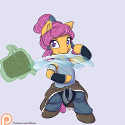 Size: 1350x1350 | Tagged: safe, artist:alasou, derpibooru import, scootaloo, pony, semi-anthro, bipedal, bucket, clothes, cosplay, costume, glowing horn, korra, looking at you, magic, patreon, patreon logo, simple background, smiling, solo, telekinesis, the legend of korra, water, waterbending