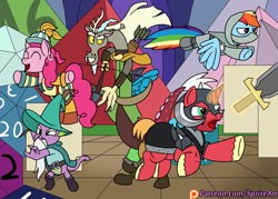 Size: 1400x1000 | Tagged: safe, artist:spritepony, big macintosh, discord, pinkie pie, rainbow dash, spike, dragon, earth pony, pegasus, pony, unicorn, dungeons and discords, bard pie, captain wuzz, dungeons and dragons, female, garbuncle, group, hat, magic, male, mare, ogres and oubliettes, parsnip, patreon, patreon logo, race swap, rainbow rogue, sir mcbiggen, stallion, telekinesis, unicorn big mac, wizard hat