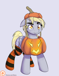 Size: 1050x1350 | Tagged: safe, artist:alasou, derpibooru import, derpy hooves, pegasus, pony, clothes, costume, fangs, female, jack-o-lantern, mare, patreon, patreon logo, pumpkin, simple background, socks, solo, striped socks