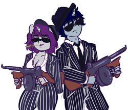 Size: 4766x4126 | Tagged: safe, artist:wickedsilly, oc, oc only, oc:sleepy head, oc:wicked silly, anthro, unicorn, absurd resolution, anthro oc, blazer, breasts, cleavage, clothes, fedora, female, gangster, glasses, gun, hat, male, mobster, necktie, oc x oc, pinstripe, pinstripe blazer, pinstripe trousers, ponysona, shipping, shirt, simple background, straight, suit, sunglasses, tommy gun, trousers, weapon, white background, wickedsleepy