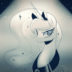 Size: 1000x1000 | Tagged: safe, artist:maren, derpibooru import, princess luna, alicorn, pony, bedroom eyes, frown, looking at you, monochrome, portrait, solo