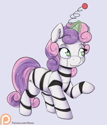 Size: 1050x1225 | Tagged: safe, artist:alasou, derpibooru import, sweetie belle, sweetie bot, pony, robot, robot pony, unicorn, antennae, cute, diasweetes, female, filly, foal, glowing horn, hooves, horn, magic, patreon, patreon logo, raised hoof, signature, simple background, smiling, solo