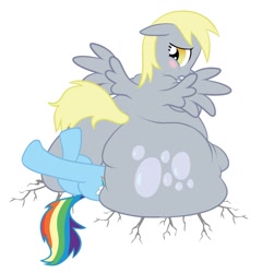 Size: 1000x1042 | Tagged: source needed, safe, artist:calorie, derpy hooves, rainbow dash, pegasus, pony, aderpose, blushing, bubble butt, buttstuck, derpy huge, embarrassed, facesitting, fat, female, impossibly large butt, mare, morbidly obese, obese, plot, stuck