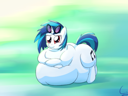 Size: 1500x1125 | Tagged: safe, artist:c-adepsy, dj pon-3, vinyl scratch, pony, unicorn, belly, belly bed, chubby cheeks, fat, impossibly large belly, morbidly obese, obese, vinyl fat, wrong eye color, wub-tub