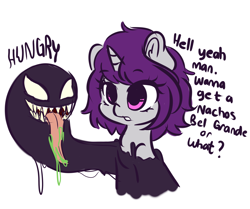 Size: 4503x3772 | Tagged: safe, artist:wickedsilly, oc, oc:wicked silly, pony, crossover, dialogue, female, mare, marvel comics, ponysona, simple background, symbiote, taco bell, venom