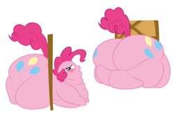 Size: 1280x837 | Tagged: safe, artist:calorie, pinkie pie, earth pony, pony, blushing, buttstuck, fat, impossibly large butt, morbidly obese, obese, piggy pie, plot, pudgy pie, stuck, the ass is monstrously oversized for tight entrance