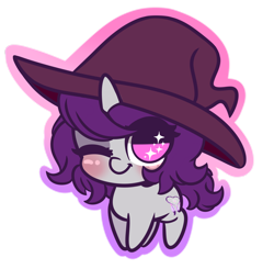 Size: 4296x4202 | Tagged: safe, artist:wickedsilly, oc, oc only, oc:wicked silly, pony, unicorn, absurd resolution, blushing, chibi, cute, female, hat, looking at you, mare, one eye closed, simple background, smiling, solo, transparent background, wink, witch