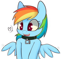 Size: 1226x1194 | Tagged: safe, artist:higglytownhero, derpibooru import, rainbow dash, pegasus, pony, collar, cute, dashabetes, female, mare, open mouth, pet-dash, simple background, solo, white background, wingboner