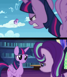 Size: 768x886 | Tagged: safe, edit, edited screencap, screencap, starlight glimmer, twilight sparkle, twilight sparkle (alicorn), alicorn, pony, unicorn, the crystalling, the cutie re-mark, :c, angry, animated, blurry, book, cloud, cloudsdale, comparison, crouching, cute, female, fight, flying, gif, glare, glimmerbetes, gritted teeth, haiku, ladder, library, magic, mare, out of focus, sad, spread wings, table, twiabetes, twilight's castle, wings