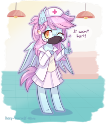 Size: 1024x1202 | Tagged: safe, artist:kyaokay, oc, oc only, oc:sweet medicine, anthro, bat pony, unguligrade anthro, injection, nurse