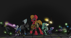 Size: 2234x1207 | Tagged: safe, artist:sinrar, derpibooru import, big macintosh, lyra heartstrings, shining armor, thunderlane, trixie, changeling, earth pony, pegasus, pony, unicorn, armor, arrow, bow (weapon), bow and arrow, champions of norrath, crossover, everquest, female, fight, hand, levitation, magic, magic hands, male, mare, maul, pickaxe, raised hoof, stallion, telekinesis, unshorn fetlocks, video game, weapon