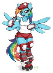 Size: 2407x3300 | Tagged: safe, artist:pon8d, derpibooru import, rainbow dash, anthro, unguligrade anthro, arm hooves, armpits, knee pads, marker drawing, prismacolors, roller derby, roller skates, shoulder pads, simple background, solo, traditional art, white background