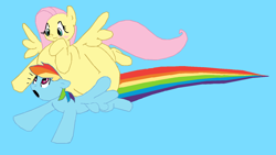 Size: 1600x900 | Tagged: safe, artist:envy, fluttershy, rainbow dash, pegasus, pony, blushing, carrying, fat, fattershy, flying, obese