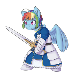 Size: 1200x1200 | Tagged: safe, artist:alasou, derpibooru import, rainbow dash, pegasus, pony, semi-anthro, alternate hairstyle, armor, bipedal, clothes, cosplay, costume, crossover, excalibur, fate/stay night, female, mare, saber, simple background, solo, sword, transparent background, weapon