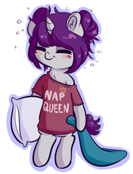 Size: 1280x1676 | Tagged: safe, artist:wickedsilly, oc, oc only, oc:wicked silly, pony, unicorn, blanket, blushing, clothes, cute, ear fluff, female, ocbetes, pillow, ponysona, solo, tired