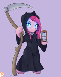 Size: 1200x1500 | Tagged: safe, artist:alasou, derpibooru import, pinkie pie, pony, bipedal, clothes, cosplay, costume, discworld, fanfic, fanfic art, glowing eyes, grim reaper, hourglass, looking at you, patreon, patreon logo, pinkamena diane pie, robe, scythe, simple background, solo