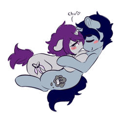 Size: 500x462 | Tagged: safe, artist:wickedsilly, oc, oc only, oc:sleepy head, oc:wicked silly, pony, unicorn, blushing, couple, cute, dialogue, eyes closed, female, hug, kissing, male, mare, oc x oc, shipping, simple background, smiling, stallion, straight, white background, wickedsleepy