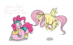 Size: 1520x950 | Tagged: safe, artist:calorie, fluttershy, pinkie pie, earth pony, pegasus, pony, exercise, fat, fattershy, need to lose weight, obese, piggy pie, pudgy pie, sweat, sweatband, tongue out