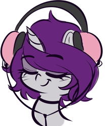 Size: 500x604 | Tagged: safe, artist:wickedsilly, oc, oc only, oc:wicked silly, pony, unicorn, choker, cute, eyes closed, female, headphones, mare, simple background, smiling, solo, white background