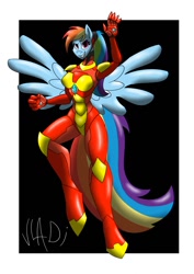 Size: 904x1280 | Tagged: safe, artist:vladiverse, derpibooru import, rainbow dash, anthro, unguligrade anthro, alternate hairstyle, crossover, iron man, looking at you, powered exoskeleton, solo, spread wings