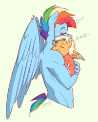 Size: 987x1230 | Tagged: safe, artist:nolycs, rainbow blitz, rainbow dash, oc, oc:cloud burst, anthro, anthro oc, bare chest, clothes, father and child, father and daughter, male, next generation, offspring, parent and child, parent:applejack, parent:rainbow blitz, parent:rainbow dash, parents:appleblitz, parents:appleblitz (straight), parents:appledash, rule 63, sleeping, zzz