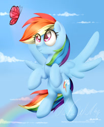 Size: 1024x1256 | Tagged: safe, artist:musicfirewind, rainbow dash, butterfly, pegasus, pony, blue coat, female, mare, multicolored mane, solo