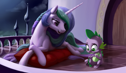 Size: 3048x1769 | Tagged: safe, artist:nadnerbd, derpibooru import, princess celestia, spike, alicorn, dragon, pony, advice, balcony, canterlot, crossed hooves, lounging, missing accessory, momlestia, moonlight, night sky, open mouth, pillow, prone, sitting