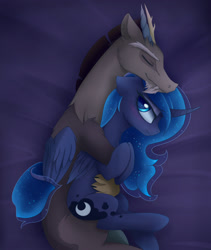 Size: 1600x1896 | Tagged: safe, artist:magnaluna, derpibooru import, discord, princess luna, alicorn, pony, blushing, cuddling, eyes closed, female, lunacord, male, on side, shipping, smiling, snuggling, spooning, straight