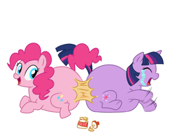 Size: 1200x951 | Tagged: safe, artist:diablo2000, pinkie pie, twilight sparkle, unicorn twilight, earth pony, pony, unicorn, butt bump, butt to butt, butt touch, crying, eyes closed, fat, female, frown, glue, lesbian, lol, obese, open mouth, piggy pie, pudgy pie, shipping, smiling, stuck, twilard sparkle, twinkie, wide eyes