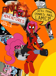 Size: 2439x3279 | Tagged: safe, artist:vladiverse, derpibooru import, pinkie pie, rainbow dash, anthro, changeling, unguligrade anthro, big breasts, breasts, comic, crossover, deadpool, dialogue, female, marvel, pinkie pies, skinsuit