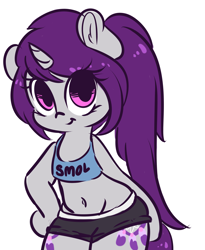 Size: 3031x3690 | Tagged: safe, artist:wickedsilly, oc, oc only, oc:wicked silly, pony, unicorn, belly button, clothes, female, mare, midriff, shorts, simple background, smiling, smol, solo, sports bra