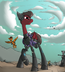 Size: 1088x1216 | Tagged: safe, artist:sinrar, derpibooru import, oc, oc only, oc:greaser, oc:mach, oc:razorbeak, oc:solara, griffon, pegasus, pony, unicorn, fallout equestria, fallout equestria: outlaw, armor, prosthetic limb, prosthetics, weapon