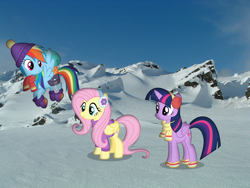 Size: 1280x960 | Tagged: safe, artist:harpycross, fluttershy, rainbow dash, twilight sparkle, twilight sparkle (alicorn), alicorn, pony, hiking, irl, mountain, photo, ponies in real life, vector, winter outfit