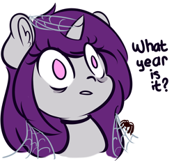 Size: 2732x2525 | Tagged: safe, artist:wickedsilly, oc, oc only, oc:wicked silly, pony, spider, unicorn, bust, choker, ear fluff, female, mare, simple background, solo, spider web, white background, wide eyes