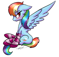 Size: 1021x975 | Tagged: safe, artist:justart101, rainbow dash, pegasus, pony, backwards cutie mark, blushing, clothes, floppy ears, frown, i'm not cute, sitting, socks, solo, spread wings, striped socks