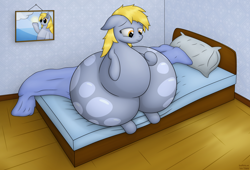 Size: 2800x1900 | Tagged: safe, artist:jesseorange, derpy hooves, pegasus, pony, aderpose, bed, bed mane, bedroom, blanket, bubble butt, fat, female, impossibly large butt, impossibly wide hips, mare, morbidly obese, obese, pillow, solo, wide hips
