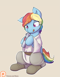 Size: 1225x1575 | Tagged: safe, artist:alasou, derpibooru import, rainbow dash, pegasus, pony, alternate hairstyle, clothes, cosplay, costume, lightsaber, luke skywalker, patreon, patreon logo, simple background, solo, star wars, this will end in tears and/or death, tongue out, weapon